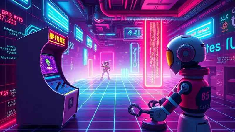 Máquina arcade retro con estética ciberfuturista