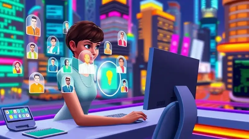 Personaje futurista en computadora con profesiones