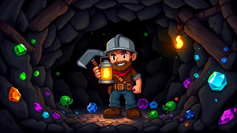 Minero pixel art en mina con gemas