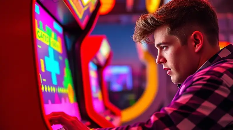 Persona concentrada juega arcade retro vibrante