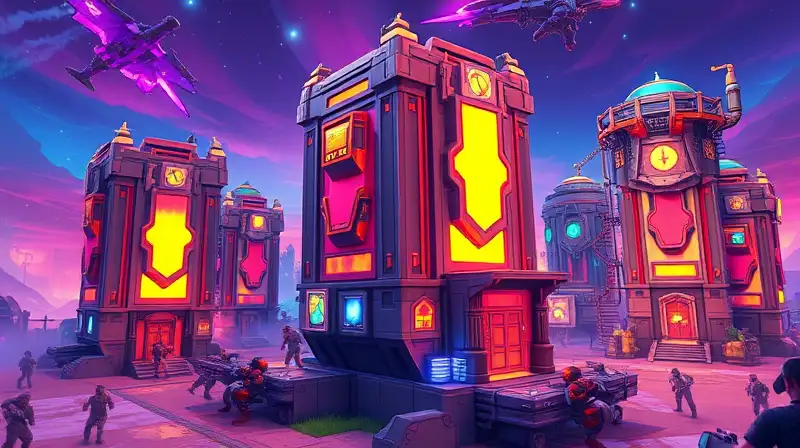 Fortnite con estructuras futuristas y escudos