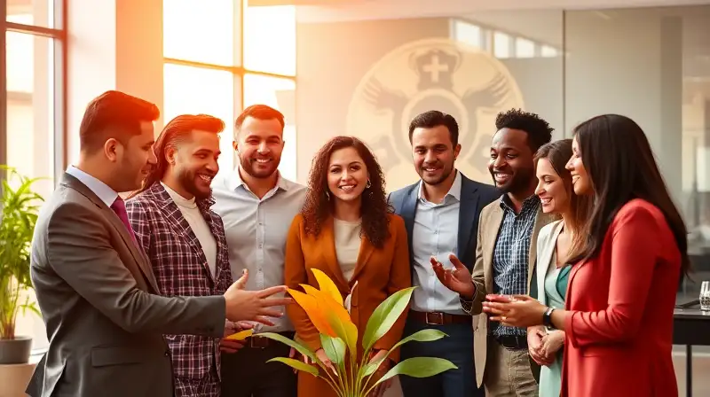 Líderes diversos colaboran unidos en oficina moderna