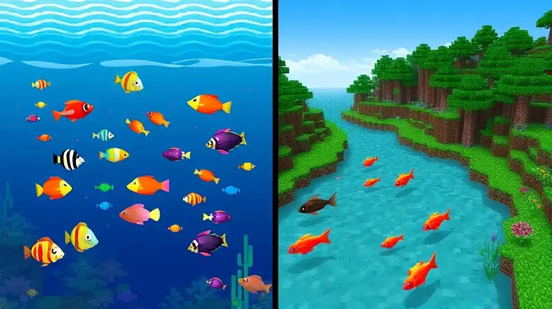 Biomas acuáticos pixelados con peces y plantas