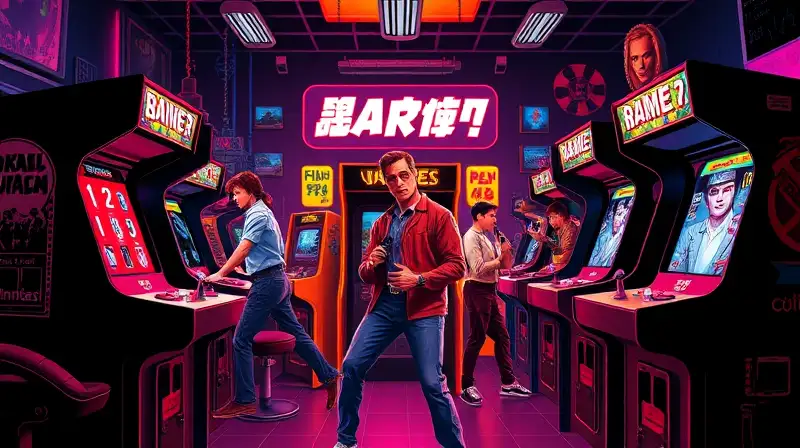 Máquinas arcade clásicas y personajes pixelados vibrantes