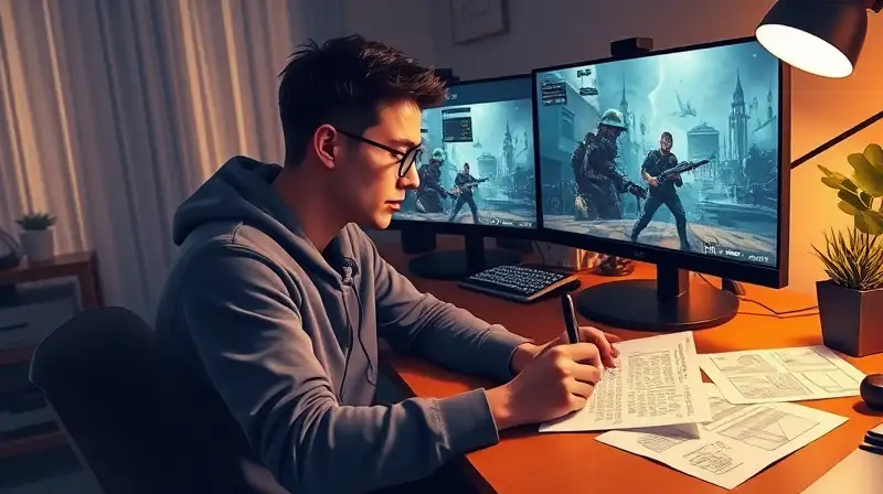 Gamer concentrado escribiendo con dos monitores