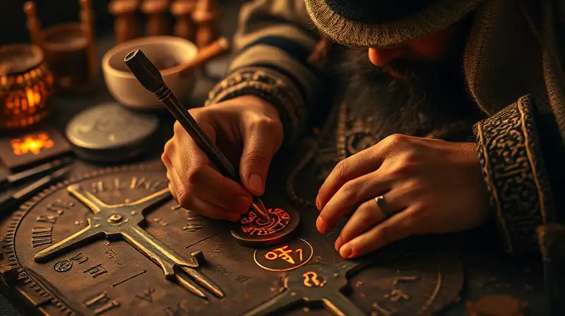 Artesano antiguo crea símbolos y tecnología luminosa