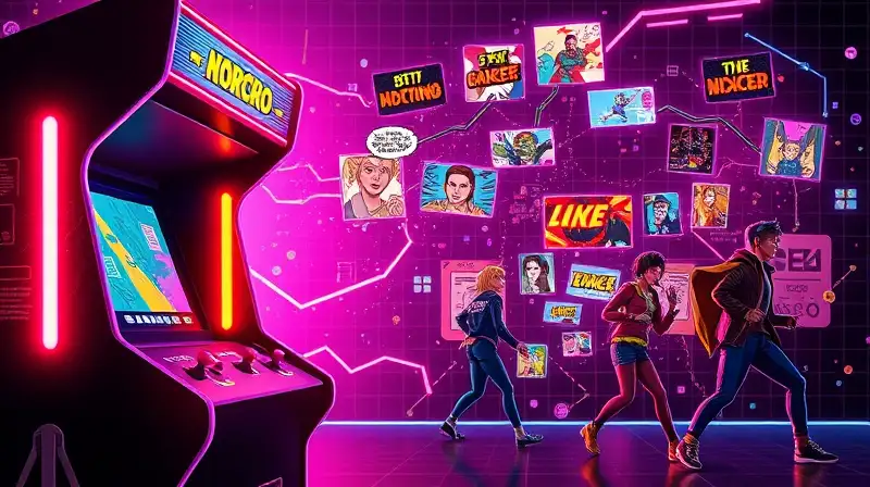 Máquina arcade neón con historia pixelada