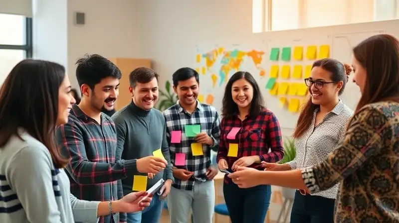 Grupo diverso colaborando en aula moderna