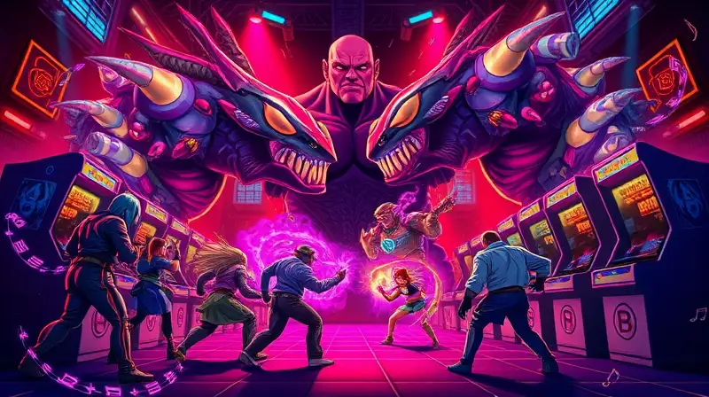 Personajes arcade luchando contra jefes gigantes
