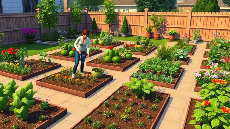 Jardín Sims organizado con flores y verduras