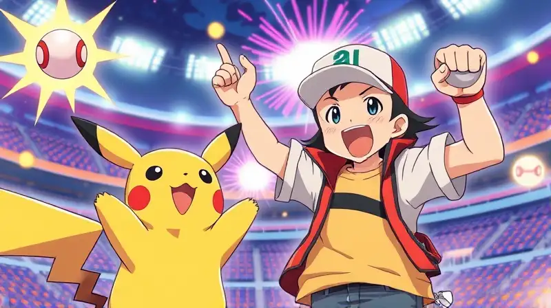 Entrenador y Pikachu celebran victoria brillante
