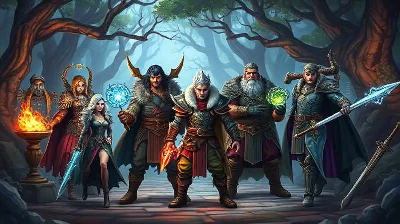 Personajes RPG mágicos en bosque encantado