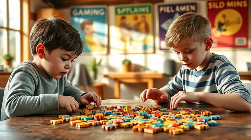 Niños resolviendo rompecabezas de madera
