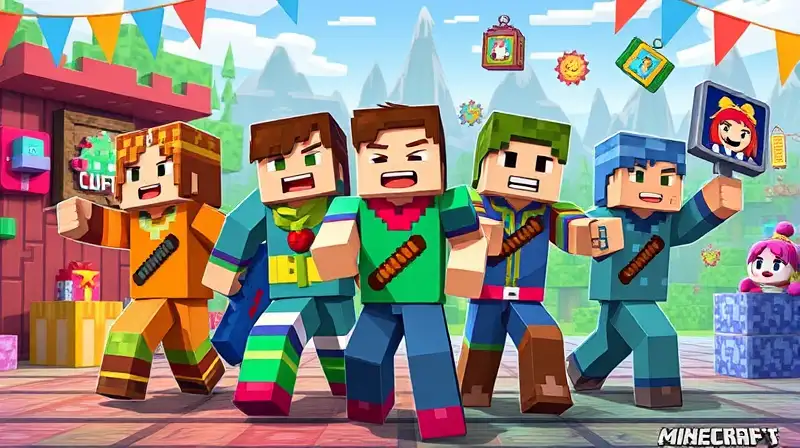 Personajes de Minecraft en ambiente festivo pixelado