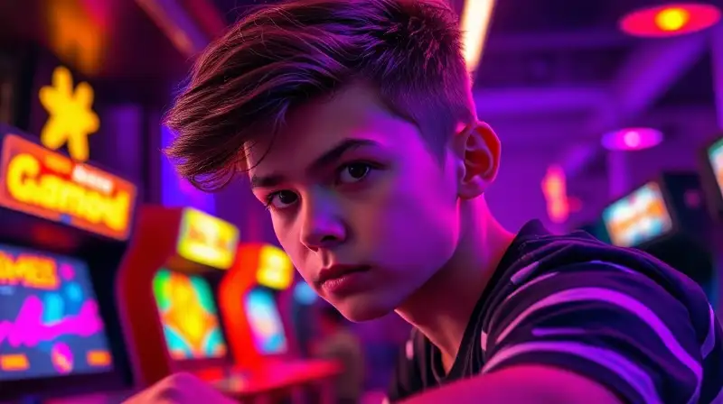 Joven gamer enfocado en arcade vibrante