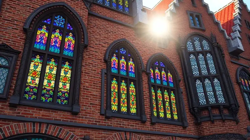 Fachada medieval en Minecraft con vitrales
