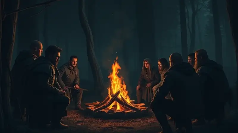 Reunión tensa de clanes en bosque medieval