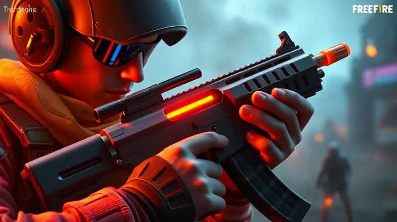 Personaje Free Fire recargando arma futurista