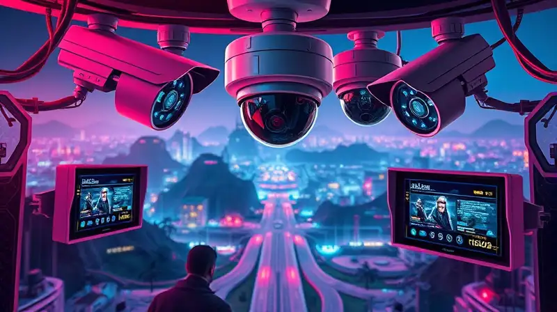 Cámaras futuristas vigilan colorido paisaje digital
