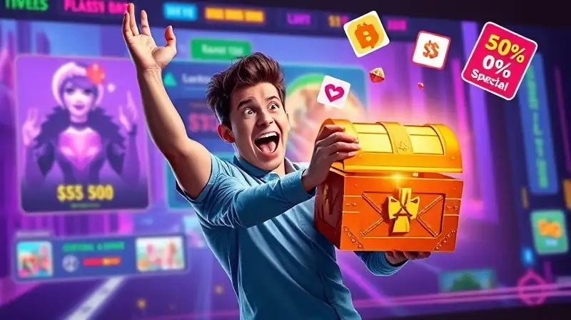 Persona emocionada con cofre y ofertas