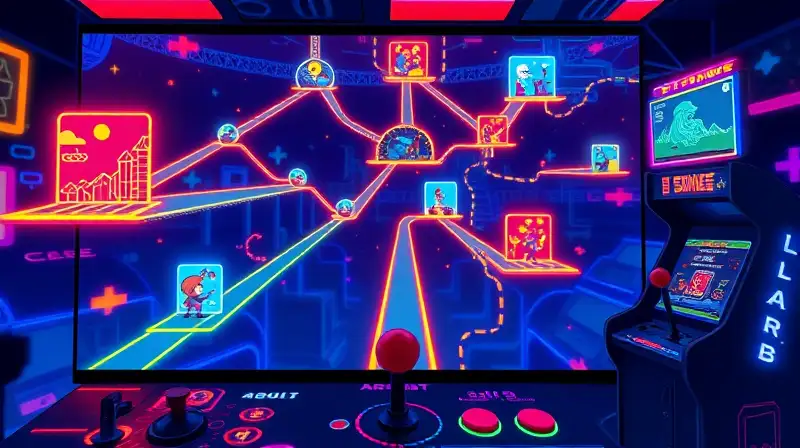 Pantalla arcade retro con caminos y personajes