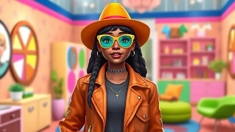 Personaje Sims con estilo y accesorios coloridos