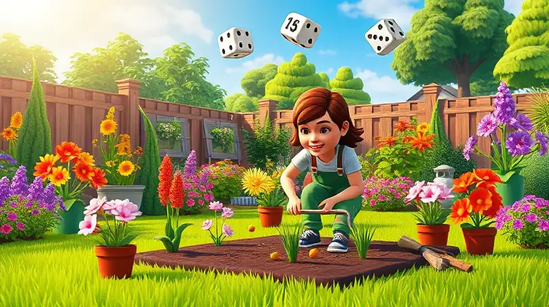 Sim jugando en jardín colorido con símbolos