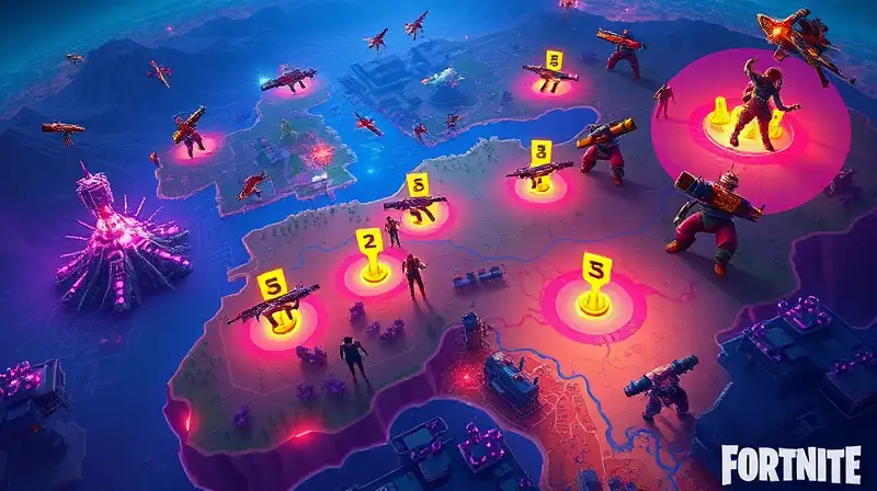 Mapa de Fortnite con armas y acción