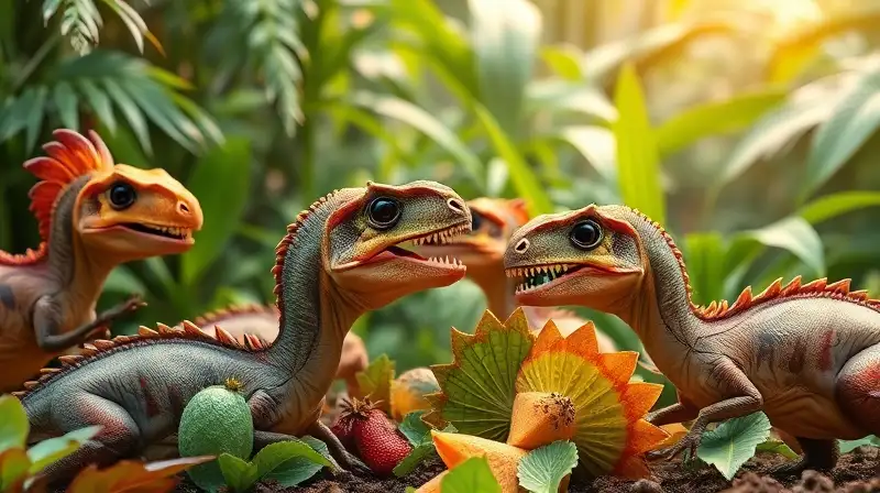 Dinosaurios bebés comen plantas en jungla