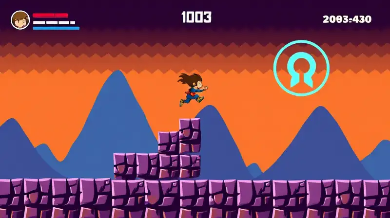 Nivel retro 2D con plataformas y obstáculos