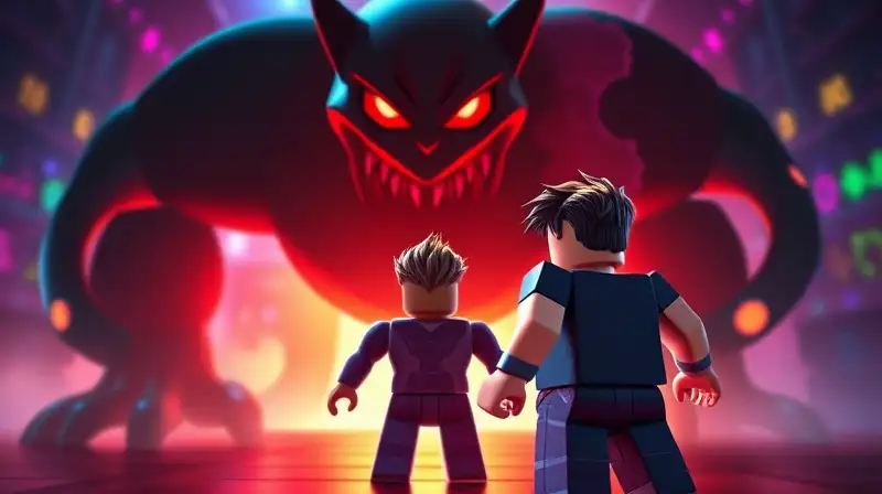 Personaje de Roblox enfrenta monstruo oscuro valiente