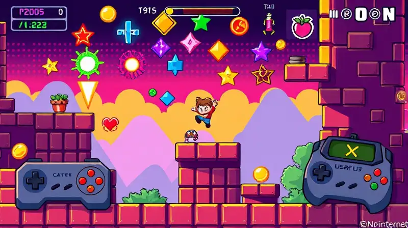 Escena retro pixelada de plataformas y poderes