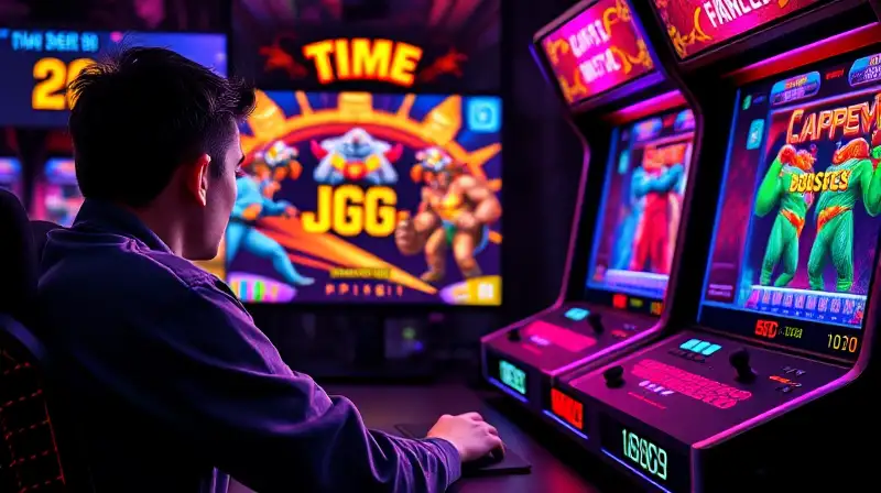 Gamer concentrado en intensa partida arcade