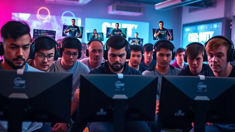 Jugadores concentrados en sala futurista neon