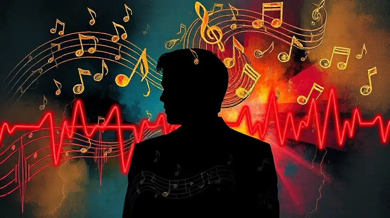 Notas musicales y energía rodean figura tensa