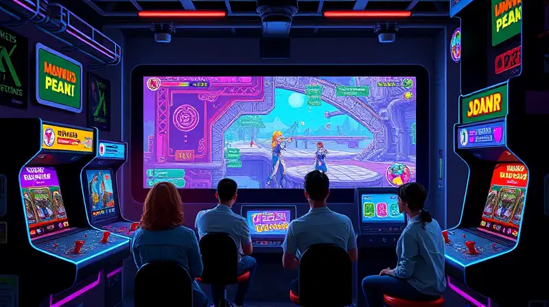 Máquinas arcade retro con jugadores y luces