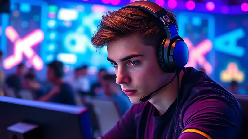 Gamer concentrado con pantalla futurista brillante
