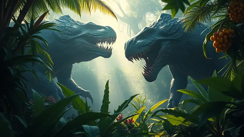 Titanes gigantes comen en jungla prehistórica