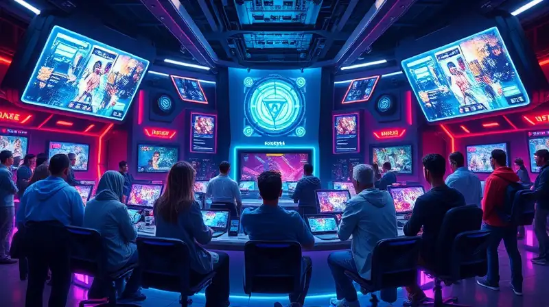 Foro de juegos futurista con pantallas holográficas