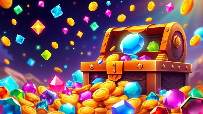 Gemas brillantes y monedas en tesoro digital