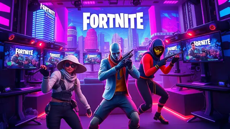 Personajes Fortnite en torneo futurista vibrante