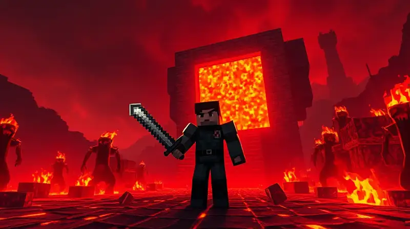 Jugador en armadura frente a portal Nether