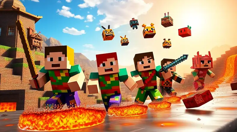 Personajes de Minecraft escapan lava en paisaje colorido