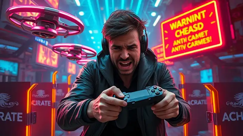 Gamer atrapado por drones en entorno cyberpunk