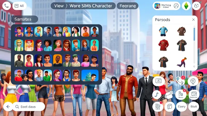 Interfaz creativa Sims con personajes coloridos