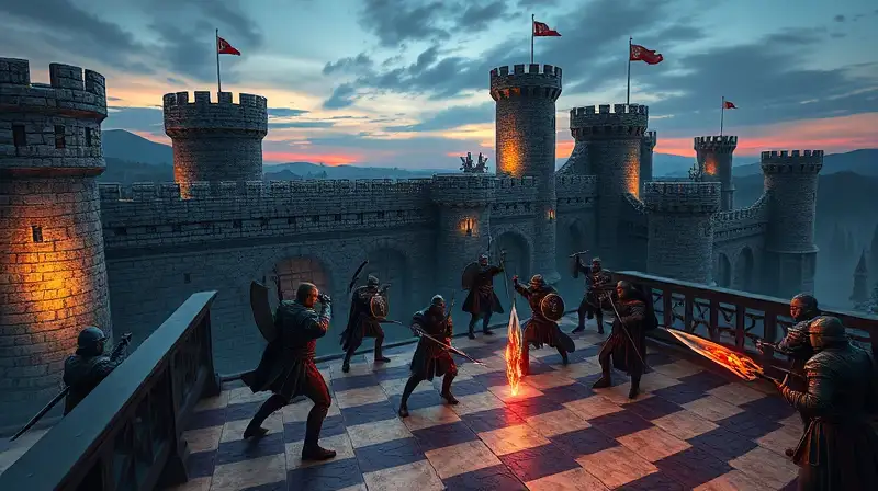 Castillo medieval con batalla estratégica iluminada