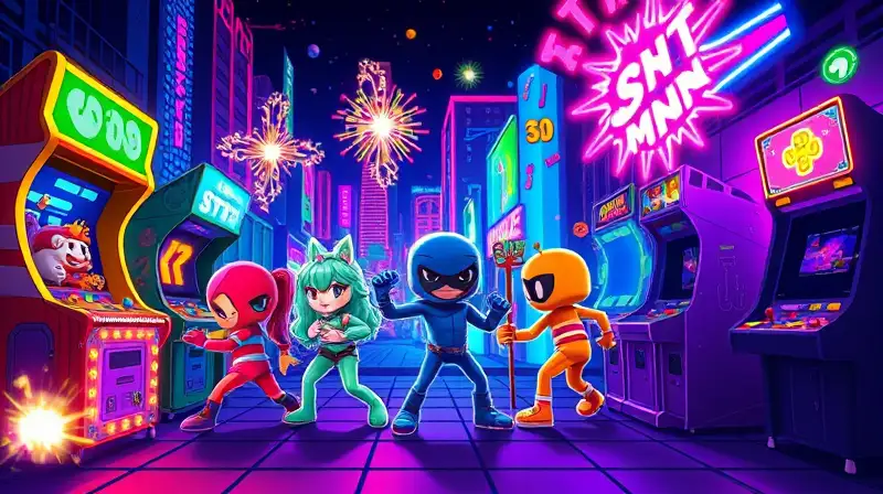 Personajes pixel art vibrantes en arcade retro