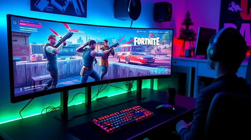 Setup gamer futurista con monitor ultrapanorámico