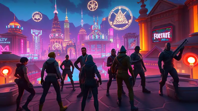 NPCs de Fortnite en ciudad futurista misteriosa
