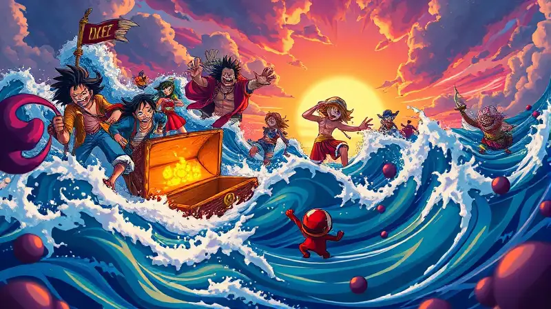 Batalla pirata anime con tesoro y atardecer